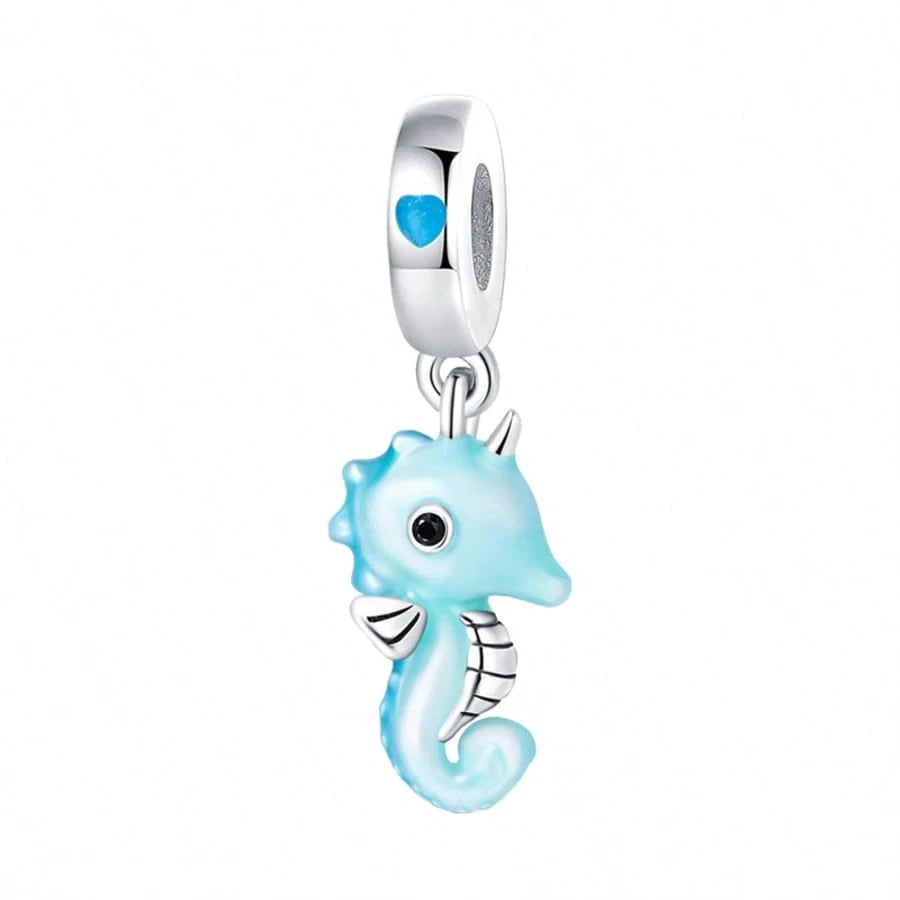 Ocean Blue Enamel Bracelet Beads Pendant, Ocean Animal Bracelet Charm, Silver-Plated Large Hole Beads Pendant With Dolphin, Turtle, Seahorse, DIY Bracelet Jewelry Accessories To Showcase Women's Charm
