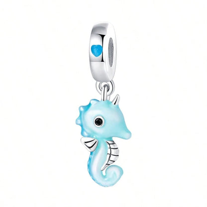 Ocean Blue Enamel Bracelet Beads Pendant, Ocean Animal Bracelet Charm, Silver-Plated Large Hole Beads Pendant With Dolphin, Turtle, Seahorse, DIY Bracelet Jewelry Accessories To Showcase Women's Charm