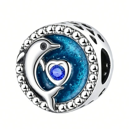 Ocean Blue Enamel Bracelet Beads Pendant, Ocean Animal Bracelet Charm, Silver-Plated Large Hole Beads Pendant With Dolphin, Turtle, Seahorse, DIY Bracelet Jewelry Accessories To Showcase Women's Charm