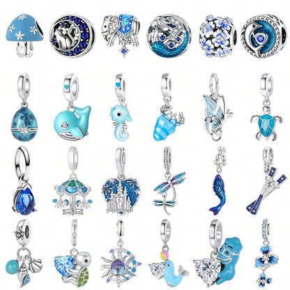 Ocean Blue Enamel Bracelet Beads Pendant, Ocean Animal Bracelet Charm, Silver-Plated Large Hole Beads Pendant With Dolphin, Turtle, Seahorse, DIY Bracelet Jewelry Accessories To Showcase Women's Charm