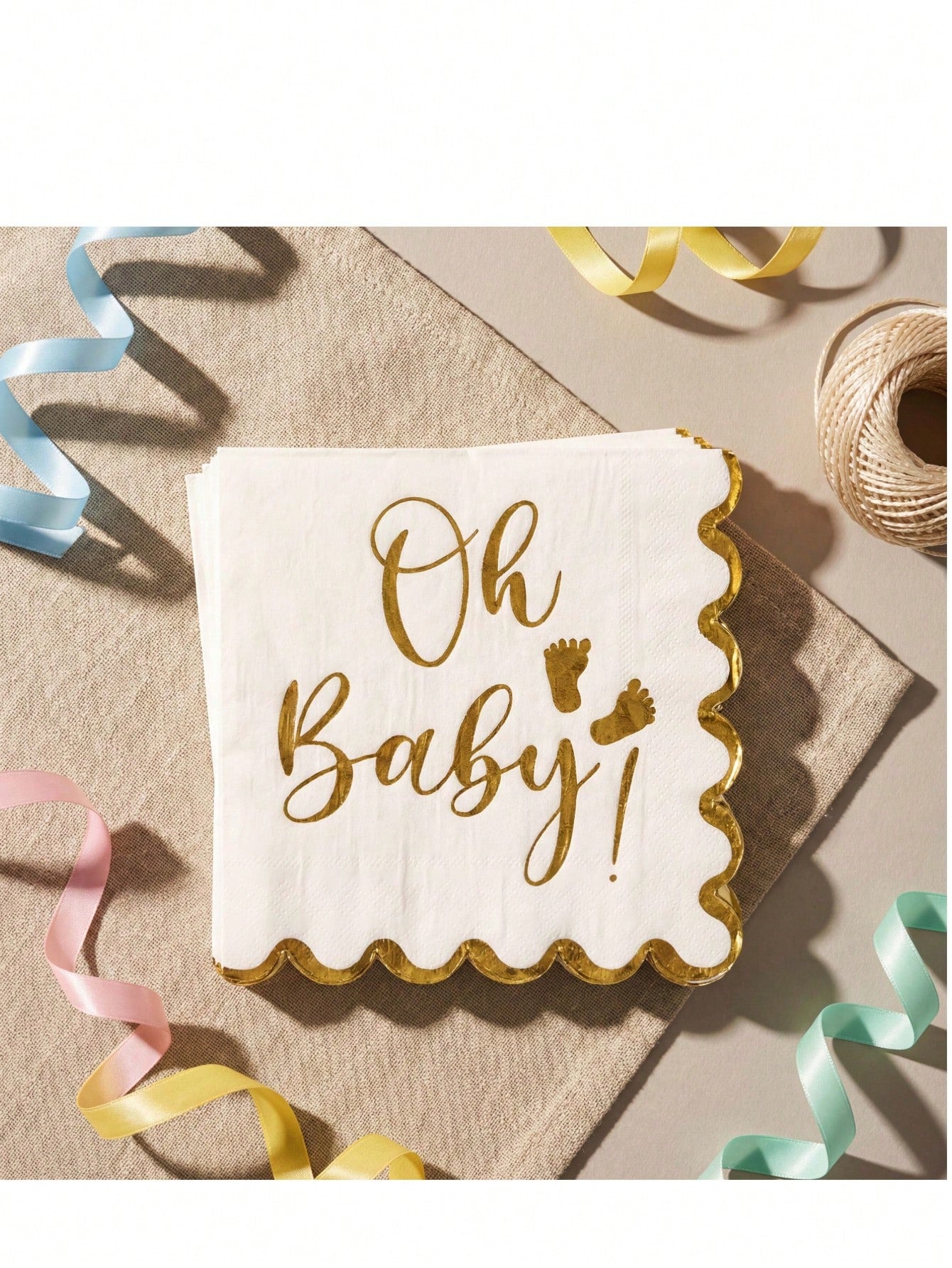 "Oh Baby!" Gold Foil Print Disposable Paper Napkins, White With Gold Edge Elegant Wavy Border Napkins, Suitable For Baby Shower, Gender Reveal, Birthday Party