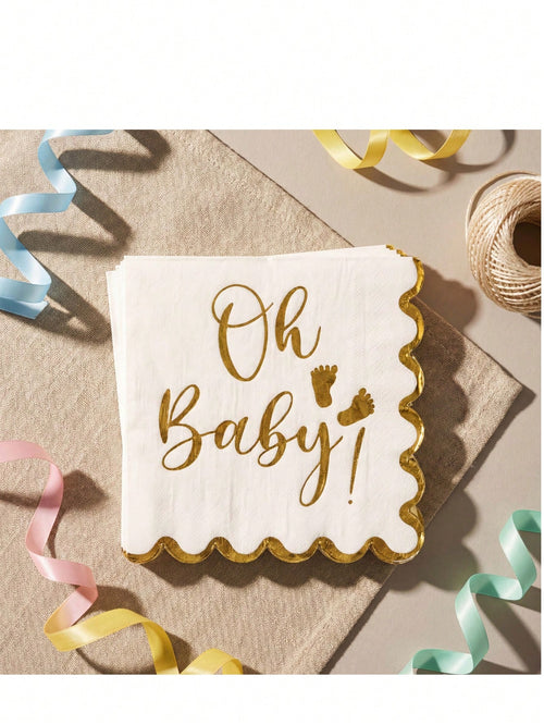 "Oh Baby!" Gold Foil Print Disposable Paper Napkins, White With Gold Edge Elegant Wavy Border Napkins, Suitable For Baby Shower, Gender Reveal, Birthday Party