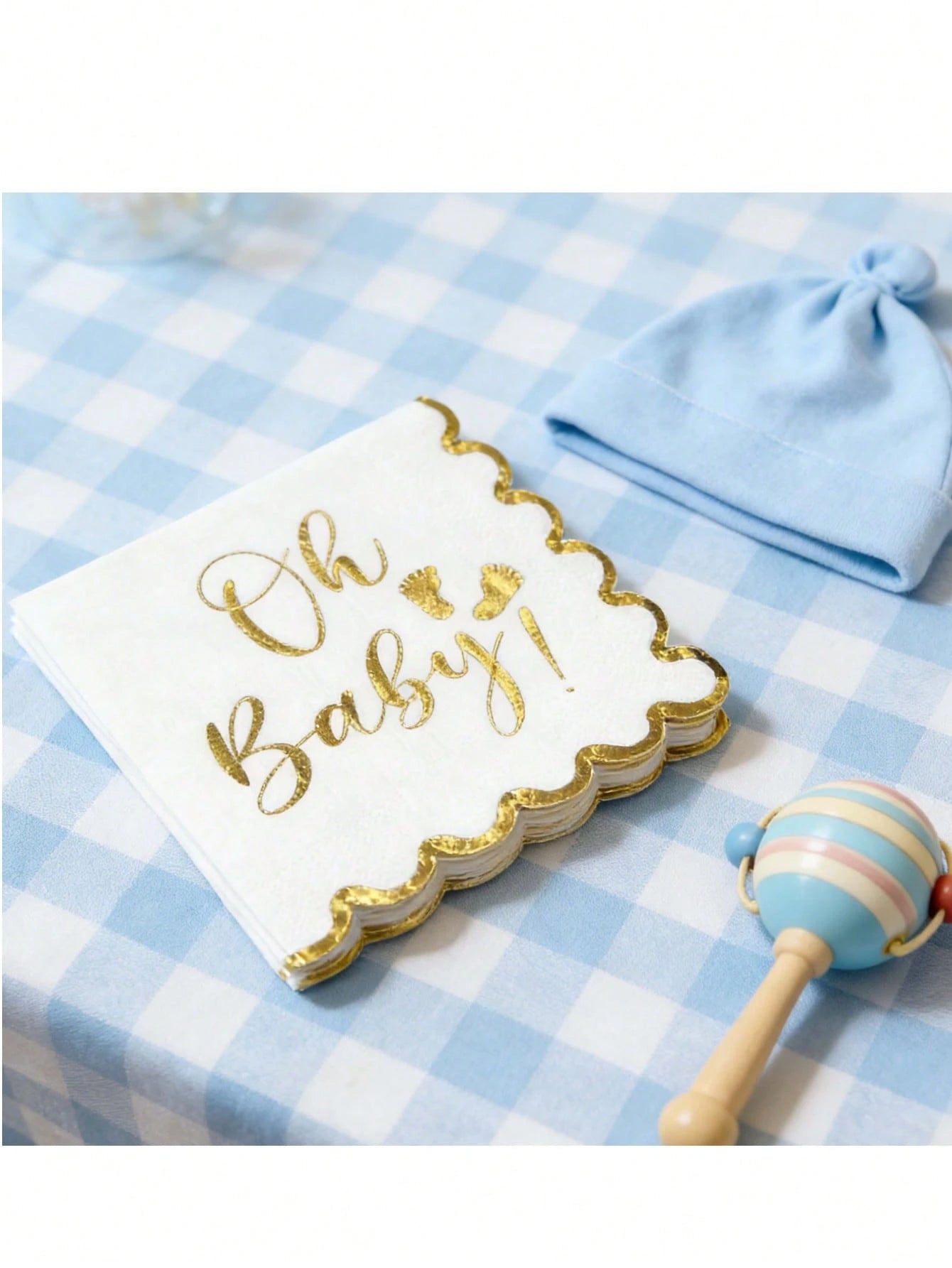 "Oh Baby!" Gold Foil Print Disposable Paper Napkins, White With Gold Edge Elegant Wavy Border Napkins, Suitable For Baby Shower, Gender Reveal, Birthday Party