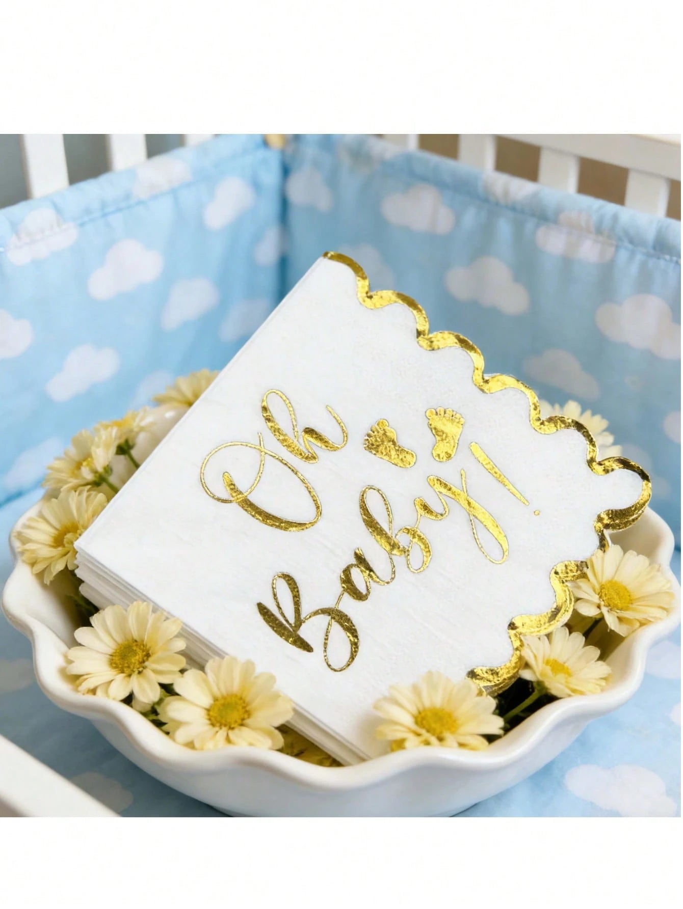 "Oh Baby!" Gold Foil Print Disposable Paper Napkins, White With Gold Edge Elegant Wavy Border Napkins, Suitable For Baby Shower, Gender Reveal, Birthday Party