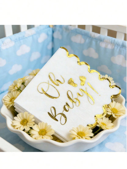 "Oh Baby!" Gold Foil Print Disposable Paper Napkins, White With Gold Edge Elegant Wavy Border Napkins, Suitable For Baby Shower, Gender Reveal, Birthday Party
