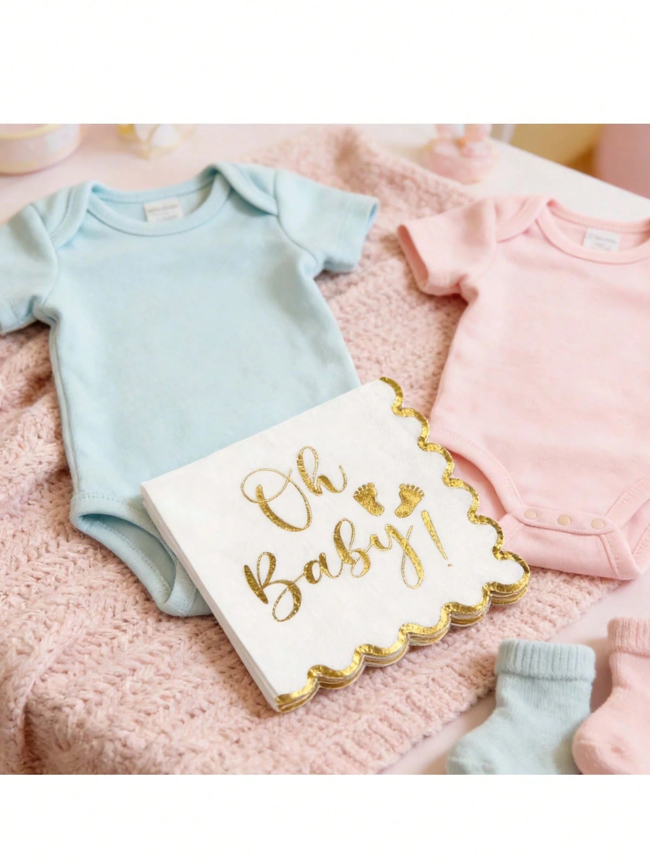"Oh Baby!" Gold Foil Print Disposable Paper Napkins, White With Gold Edge Elegant Wavy Border Napkins, Suitable For Baby Shower, Gender Reveal, Birthday Party
