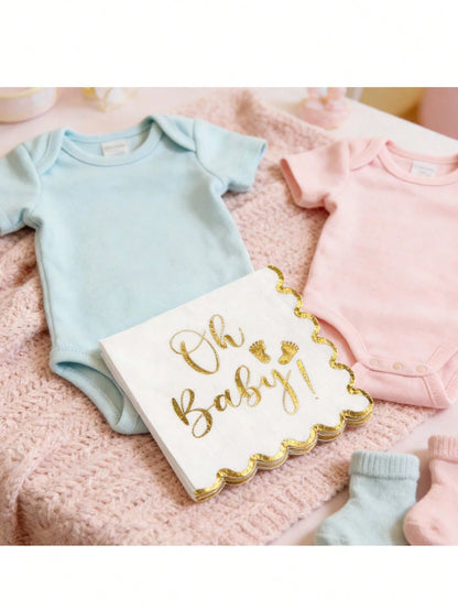 "Oh Baby!" Gold Foil Print Disposable Paper Napkins, White With Gold Edge Elegant Wavy Border Napkins, Suitable For Baby Shower, Gender Reveal, Birthday Party