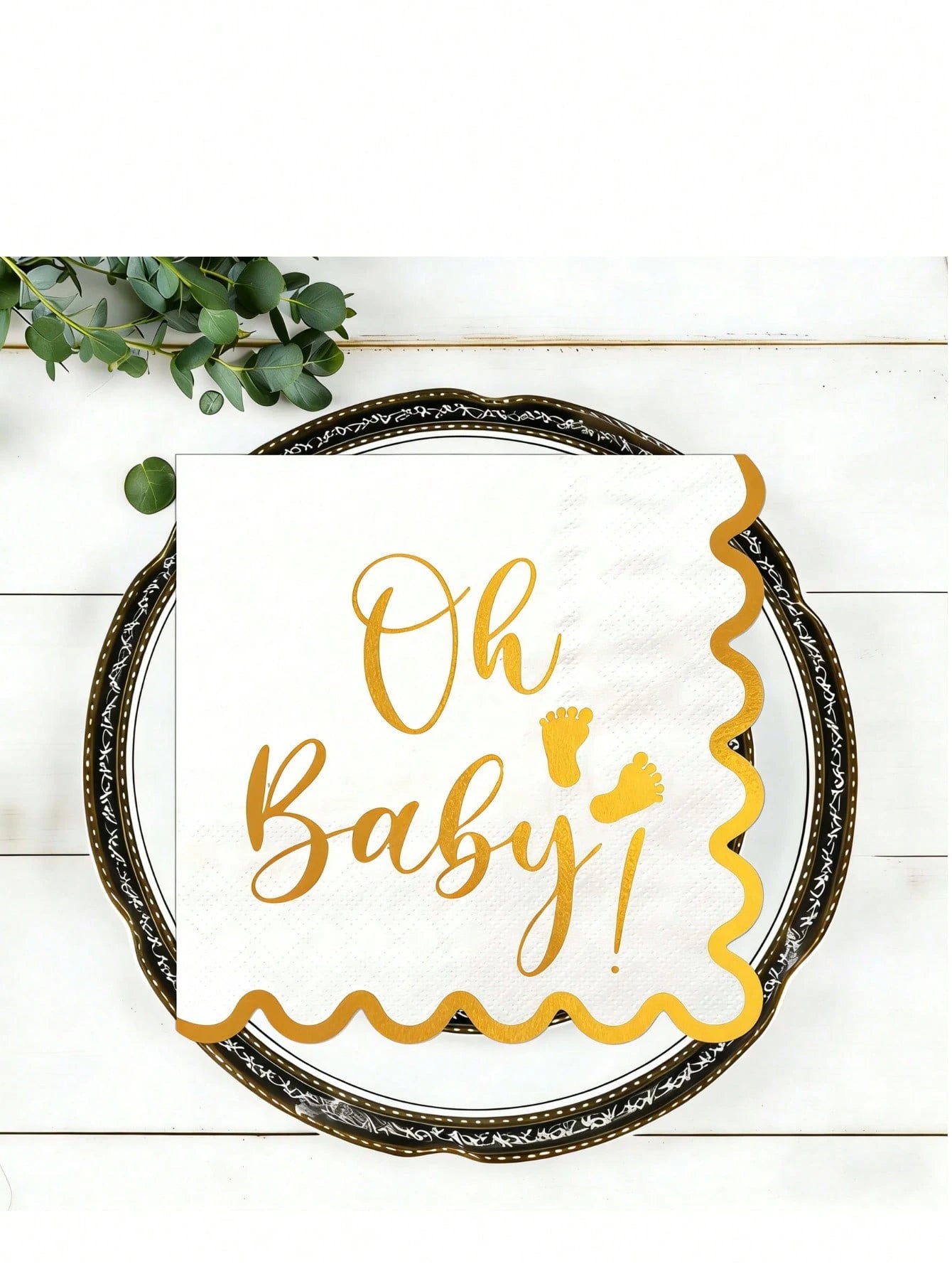 "Oh Baby!" Gold Foil Print Disposable Paper Napkins, White With Gold Edge Elegant Wavy Border Napkins, Suitable For Baby Shower, Gender Reveal, Birthday Party