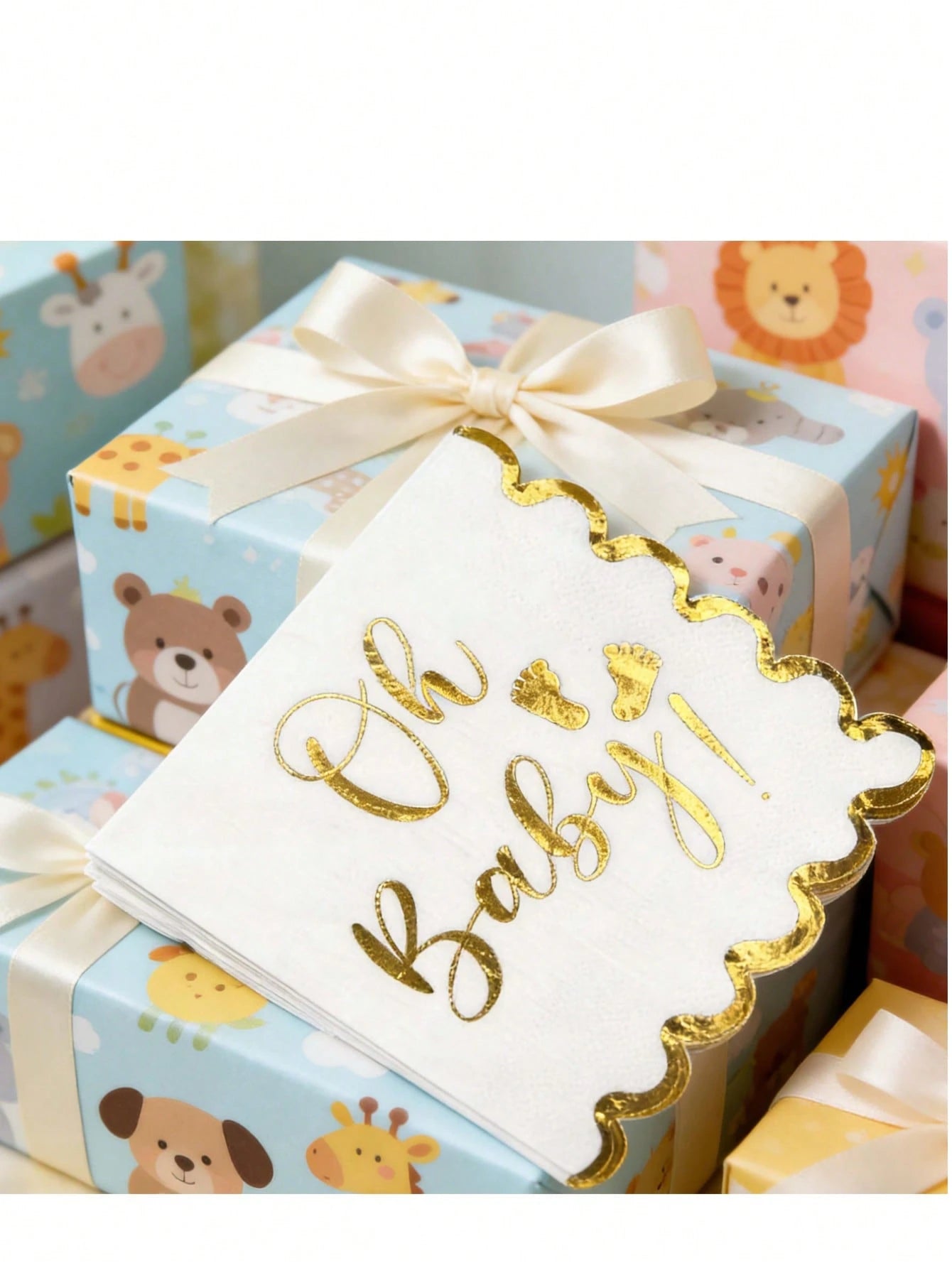 "Oh Baby!" Gold Foil Print Disposable Paper Napkins, White With Gold Edge Elegant Wavy Border Napkins, Suitable For Baby Shower, Gender Reveal, Birthday Party