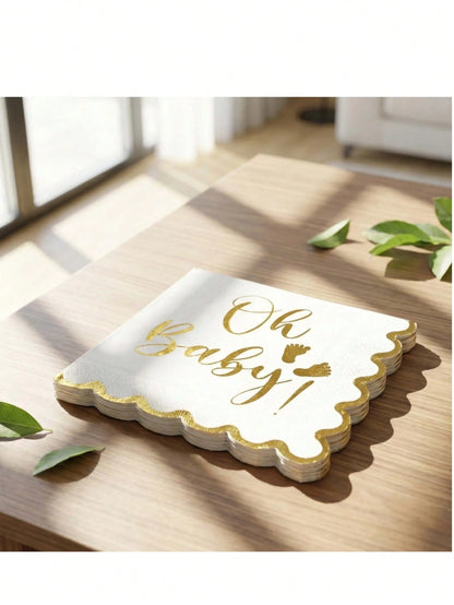 "Oh Baby!" Gold Foil Print Disposable Paper Napkins, White With Gold Edge Elegant Wavy Border Napkins, Suitable For Baby Shower, Gender Reveal, Birthday Party