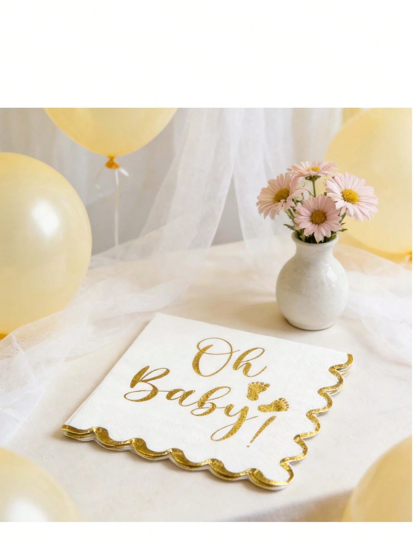 "Oh Baby!" Gold Foil Print Disposable Paper Napkins, White With Gold Edge Elegant Wavy Border Napkins, Suitable For Baby Shower, Gender Reveal, Birthday Party