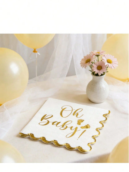 "Oh Baby!" Gold Foil Print Disposable Paper Napkins, White With Gold Edge Elegant Wavy Border Napkins, Suitable For Baby Shower, Gender Reveal, Birthday Party