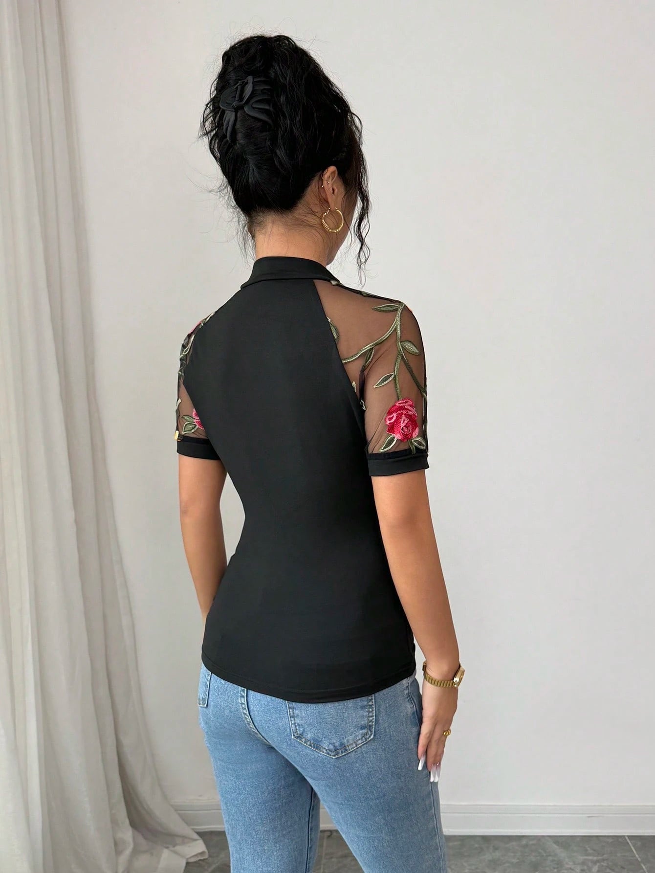 Olia Maree Women's Knitted Mesh Embroidered Floral Patchwork T-Shirt, Spring/Summer