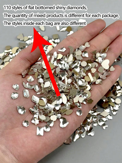 One Pack (360pcs-540pcs) Of Nail Art Nail Art Flat Bottomed Irregular Diamond Nail Accessories White, AB Color Super Sparkling Love Butterfly Star Water Droplet Crooked Center Glass Rhinestone Nail M