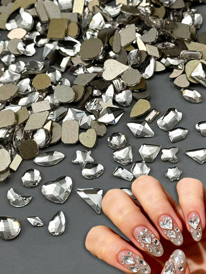 One Pack (360pcs-540pcs) Of Nail Art Nail Art Flat Bottomed Irregular Diamond Nail Accessories White, AB Color Super Sparkling Love Butterfly Star Water Droplet Crooked Center Glass Rhinestone Nail M