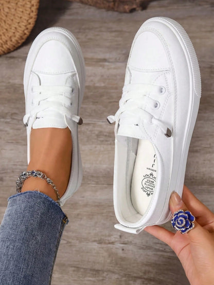 One Size Larger  Women Plus Size White Sneakers, Fashion Flat Platform Casual Lace-Up Tennis Shoes, Versatile Student/School Shoes
