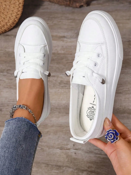 One Size Larger  Women Plus Size White Sneakers, Fashion Flat Platform Casual Lace-Up Tennis Shoes, Versatile Student/School Shoes