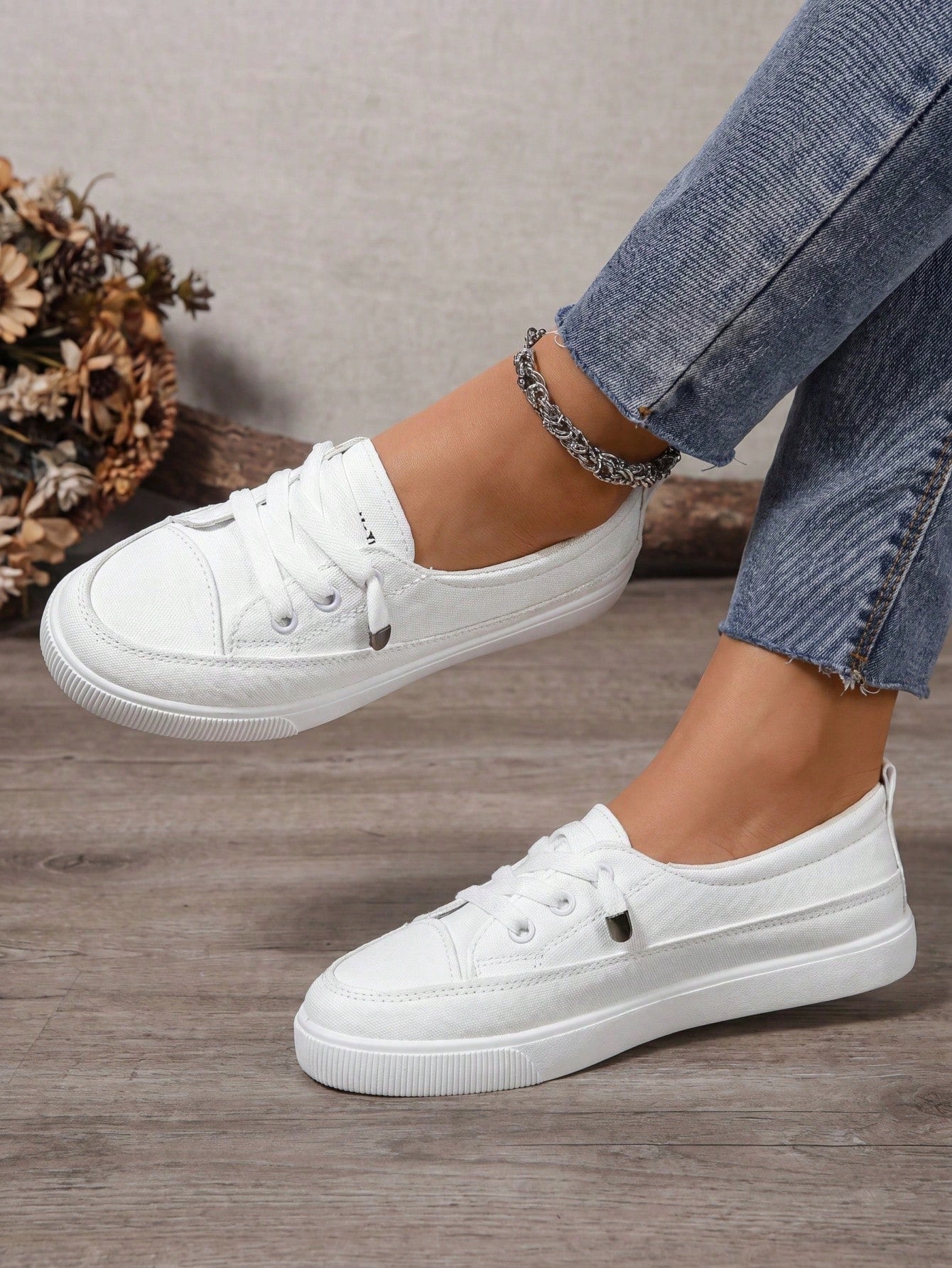 One Size Larger  Women Plus Size White Sneakers, Fashion Flat Platform Casual Lace-Up Tennis Shoes, Versatile Student/School Shoes