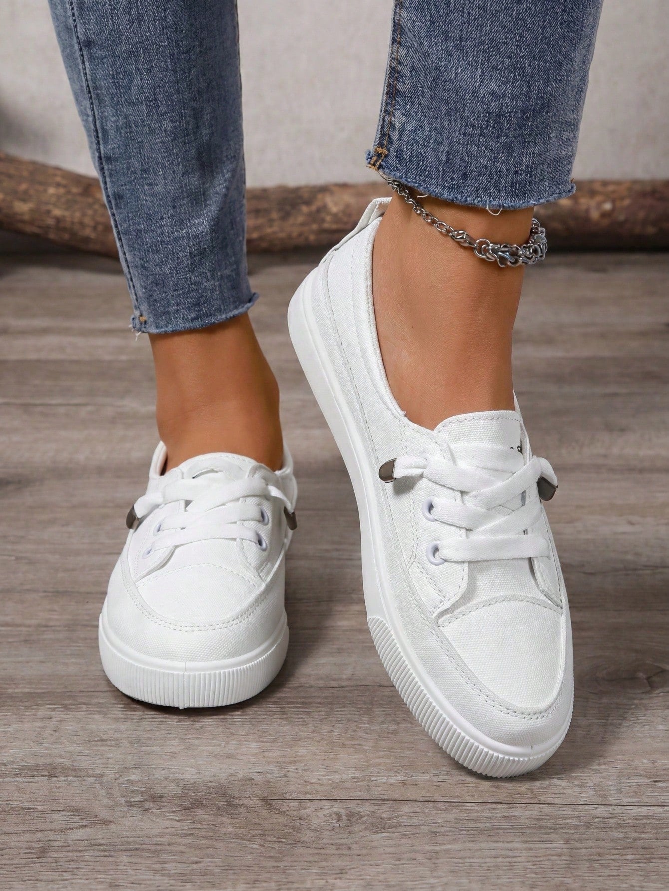 One Size Larger  Women Plus Size White Sneakers, Fashion Flat Platform Casual Lace-Up Tennis Shoes, Versatile Student/School Shoes