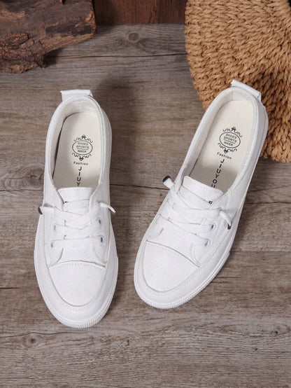 One Size Larger  Women Plus Size White Sneakers, Fashion Flat Platform Casual Lace-Up Tennis Shoes, Versatile Student/School Shoes