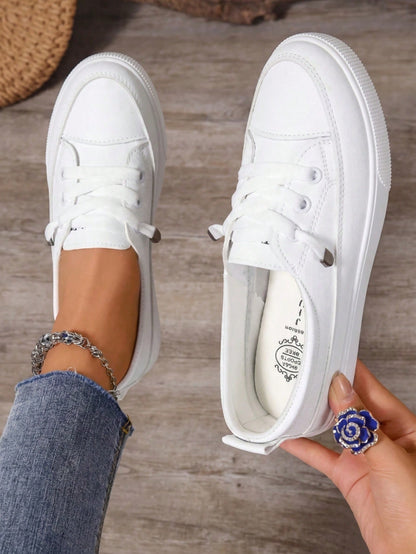 One Size Larger  Women Plus Size White Sneakers, Fashion Flat Platform Casual Lace-Up Tennis Shoes, Versatile Student/School Shoes