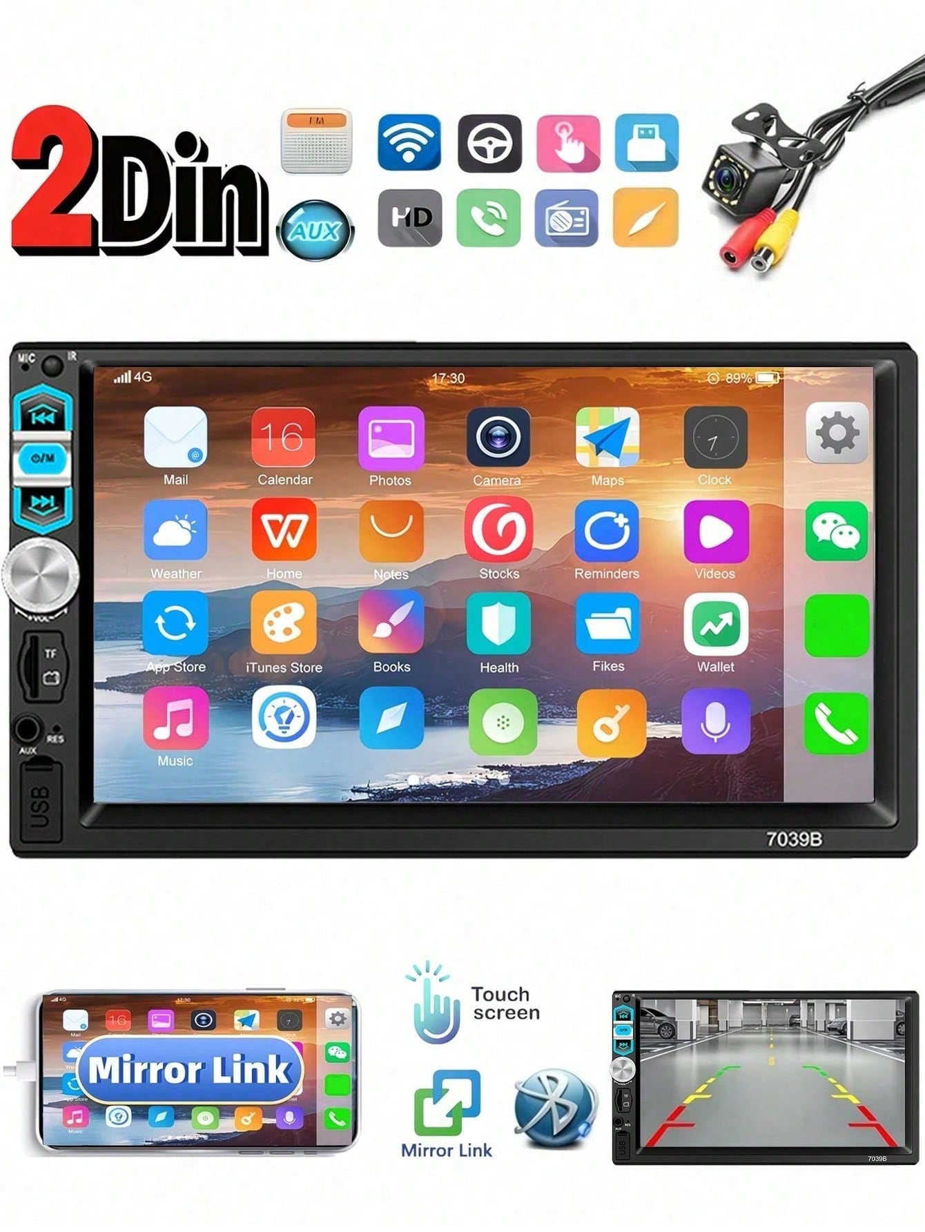 Optional 17.78cm Car Stereo Double Din Radio Touchscreen MP5/ Backup Camera. 2 Din Multimedia Car Audio Wireless Hands-Free Support Mirror Link FM/MP3/MP4/USB/SD, Aux Input Car Audio Receivers