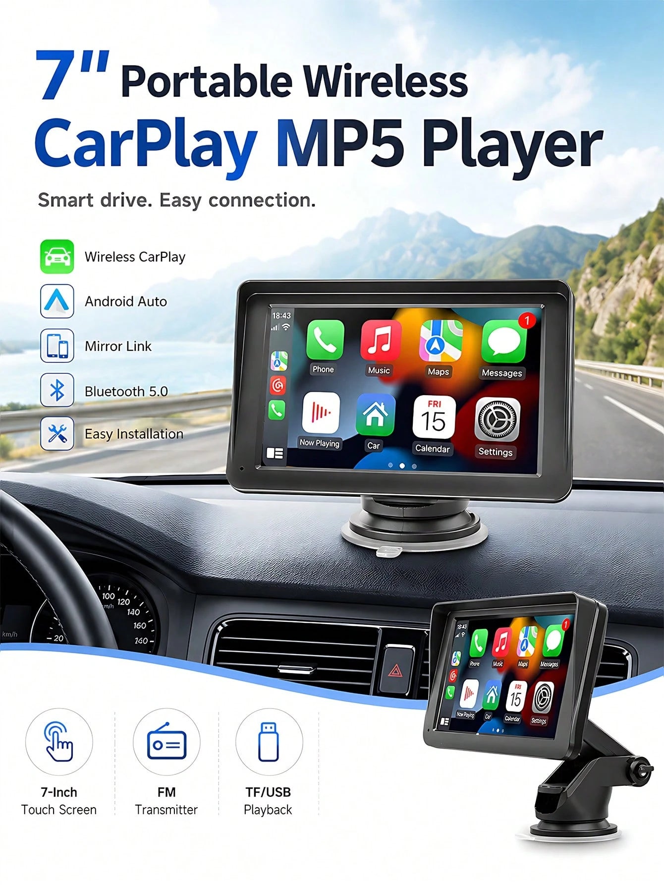 Optional 7-Inch Touchscreen Carplay Portable Car Audio Android Auto/Rearview Camera, Car Play Navigation, Voice Control, Remote Connection/AUX/FM, Car Radio Receiver, Loop Recording, Plug And Play, Su