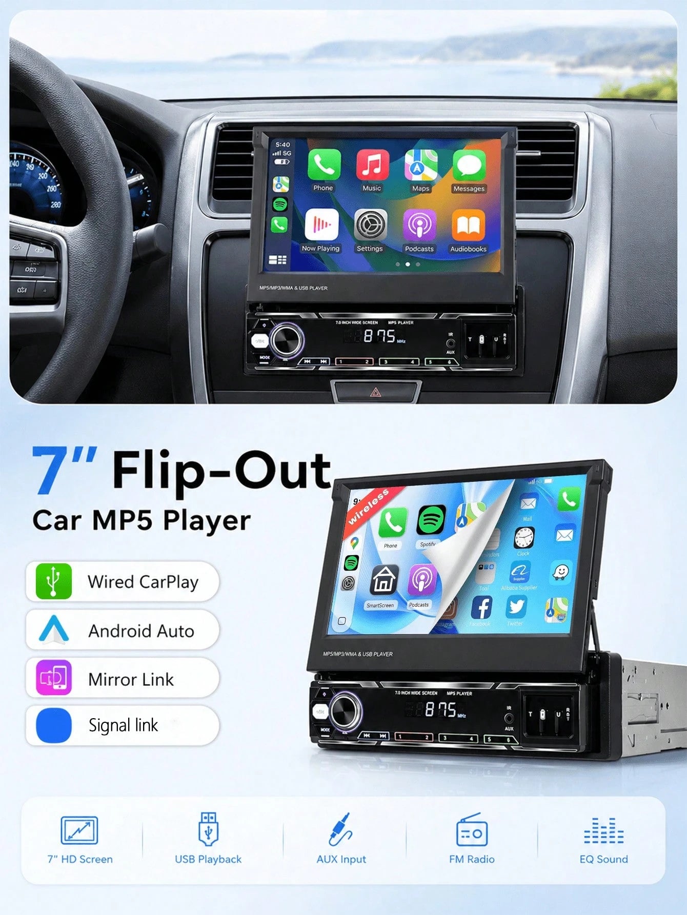 Optional Single DIN Car MP5 Player/ Backup Camera, Expandable Screen,Supports CarPlay And Android Auto, 7-Inch HD Touchscreen, Stereo, 12V Power, FM Radio, ISO Interface, AUX Input, SD Card Slot, USB