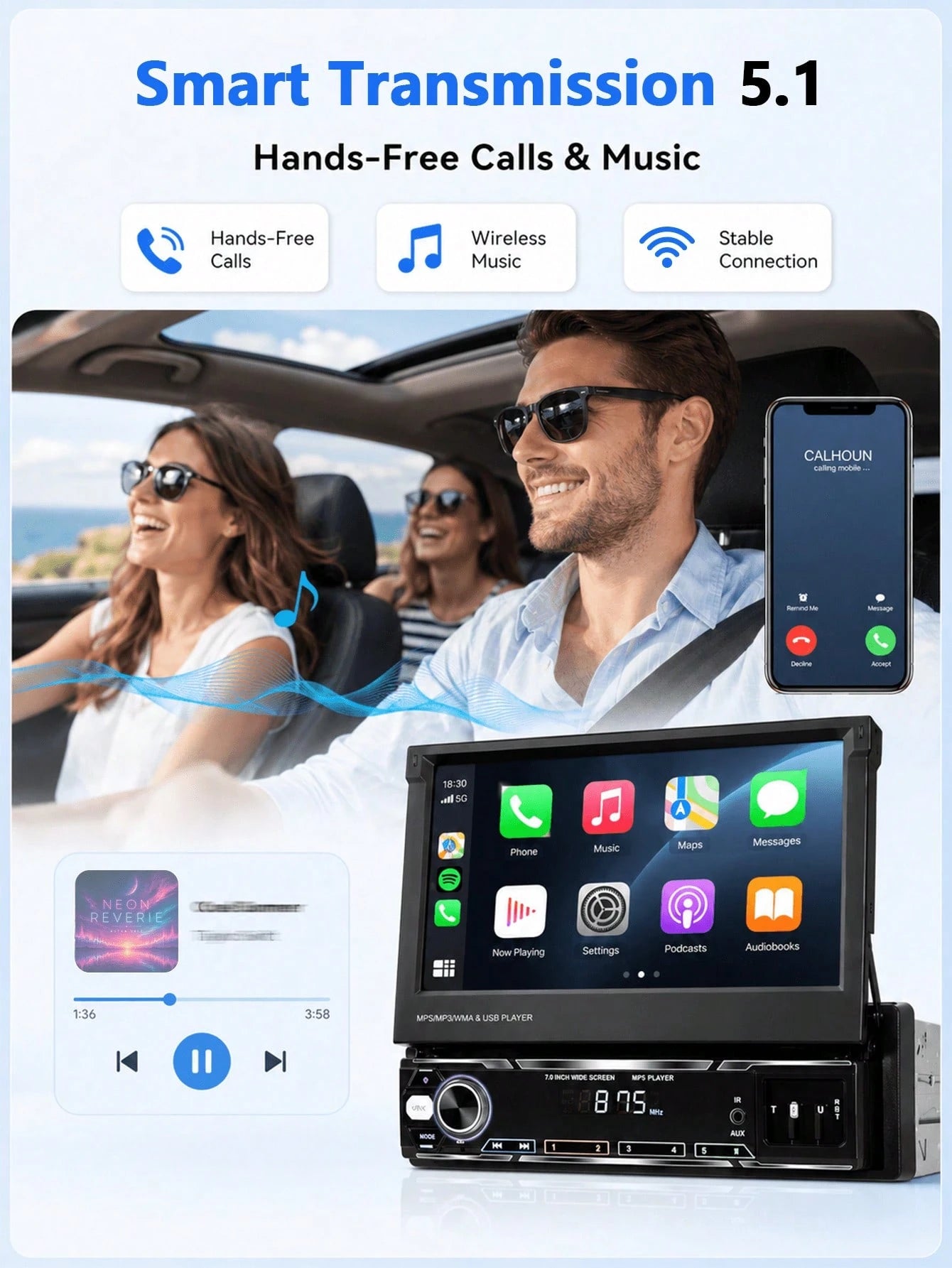 Optional Single DIN Car MP5 Player/ Backup Camera, Expandable Screen,Supports CarPlay And Android Auto, 7-Inch HD Touchscreen, Stereo, 12V Power, FM Radio, ISO Interface, AUX Input, SD Card Slot, USB