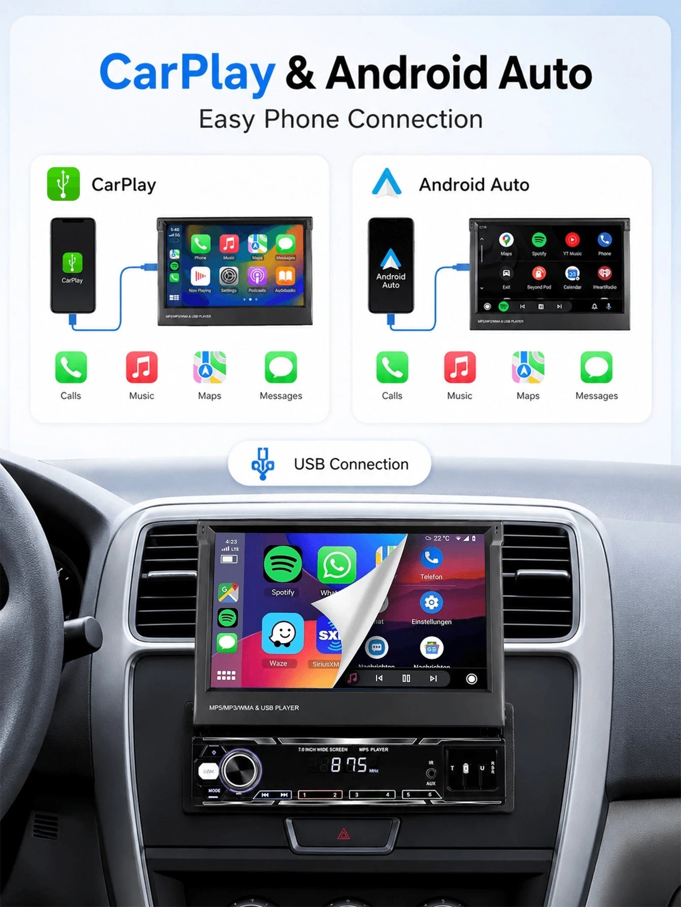Optional Single DIN Car MP5 Player/ Backup Camera, Expandable Screen,Supports CarPlay And Android Auto, 7-Inch HD Touchscreen, Stereo, 12V Power, FM Radio, ISO Interface, AUX Input, SD Card Slot, USB