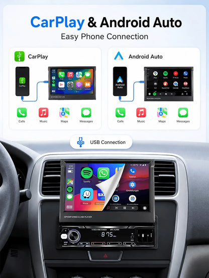 Optional Single DIN Car MP5 Player/ Backup Camera, Expandable Screen,Supports CarPlay And Android Auto, 7-Inch HD Touchscreen, Stereo, 12V Power, FM Radio, ISO Interface, AUX Input, SD Card Slot, USB