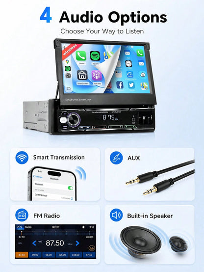 Optional Single DIN Car MP5 Player/ Backup Camera, Expandable Screen,Supports CarPlay And Android Auto, 7-Inch HD Touchscreen, Stereo, 12V Power, FM Radio, ISO Interface, AUX Input, SD Card Slot, USB
