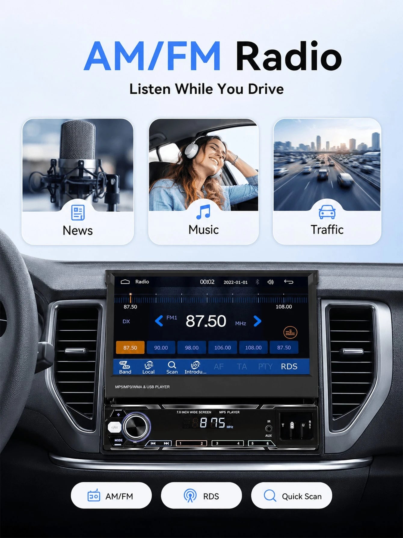 Optional Single DIN Car MP5 Player/ Backup Camera, Expandable Screen,Supports CarPlay And Android Auto, 7-Inch HD Touchscreen, Stereo, 12V Power, FM Radio, ISO Interface, AUX Input, SD Card Slot, USB