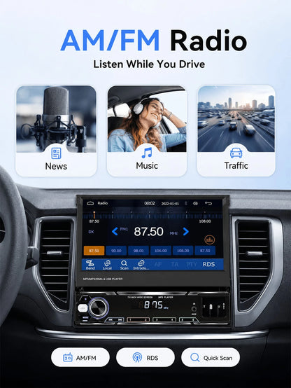 Optional Single DIN Car MP5 Player/ Backup Camera, Expandable Screen,Supports CarPlay And Android Auto, 7-Inch HD Touchscreen, Stereo, 12V Power, FM Radio, ISO Interface, AUX Input, SD Card Slot, USB
