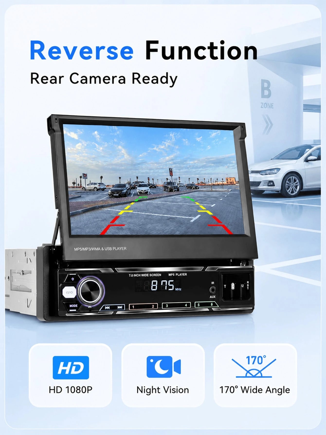 Optional Single DIN Car MP5 Player/ Backup Camera, Expandable Screen,Supports CarPlay And Android Auto, 7-Inch HD Touchscreen, Stereo, 12V Power, FM Radio, ISO Interface, AUX Input, SD Card Slot, USB