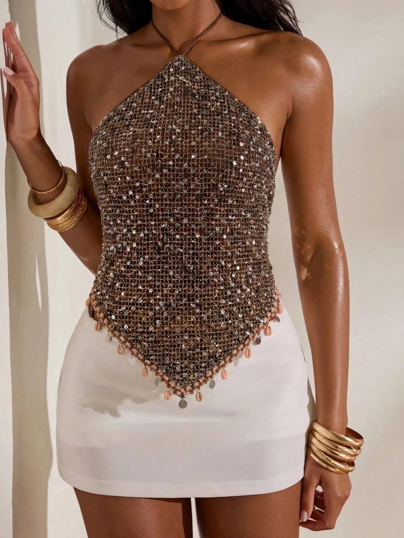 Opulessa Women's Sequin Pendant Decor Backless Halter Top