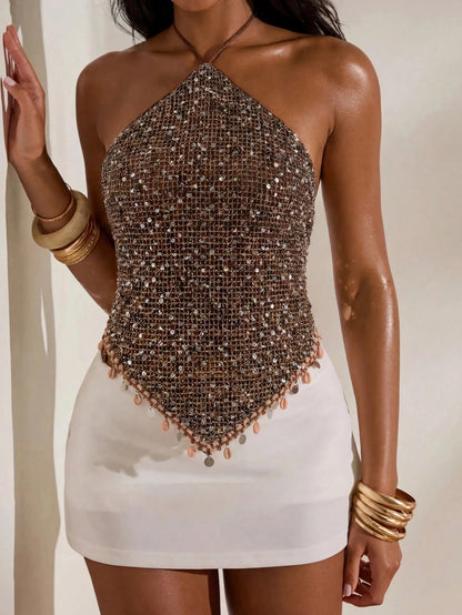 Opulessa Women's Sequin Pendant Decor Backless Halter Top