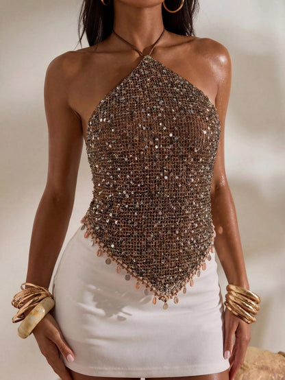 Opulessa Women's Sequin Pendant Decor Backless Halter Top