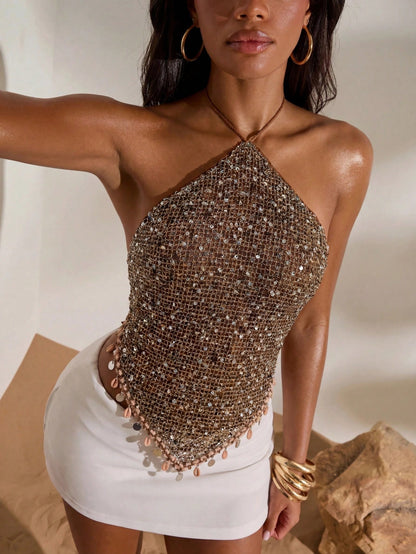 Opulessa Women's Sequin Pendant Decor Backless Halter Top