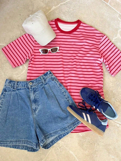 Oversized Loose Fit Short Sleeve T-Shirt, Casual Vacation For Women Summer