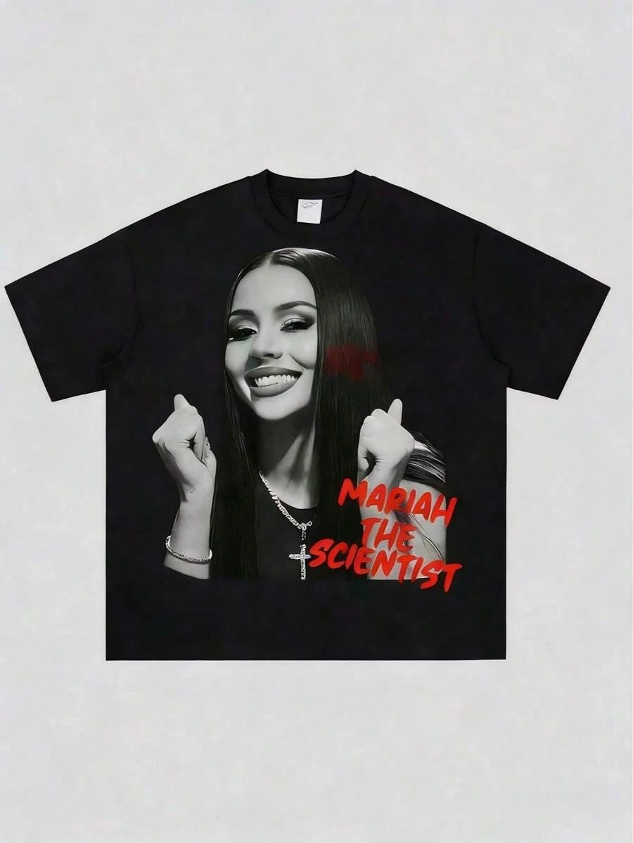 Oversized Unisex Hip-Hop Graphic T-Shirt, Women's Classic Gangsta Print Crew Neck Short Sleeve Top, Y2K Style
