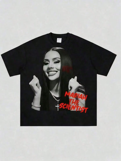 Oversized Unisex Hip-Hop Graphic T-Shirt, Women's Classic Gangsta Print Crew Neck Short Sleeve Top, Y2K Style