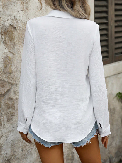 Pariaura Casual Solid Color Pocket Button Front Long Sleeve Basic Shirt,Long Sleeve Tops Fall Cloth For Women