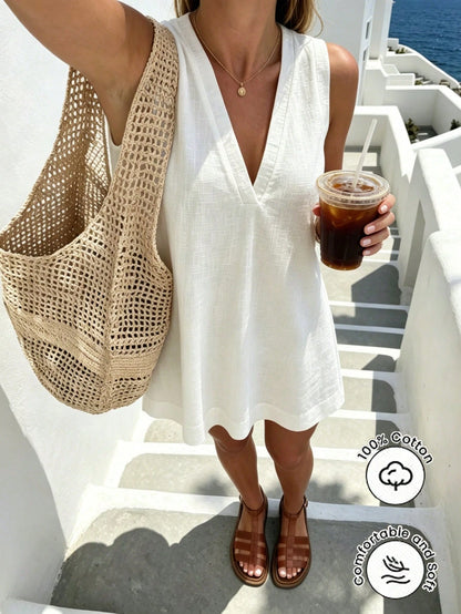 Pariaura Minimalist White Linen Sleeveless V-Neck Dress/ Relaxed A-Line Skirt/ Korean Soft Style/ Daily Commute Short Dress