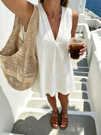 Pariaura Minimalist White Linen Sleeveless V-Neck Dress/ Relaxed A-Line Skirt/ Korean Soft Style/ Daily Commute Short Dress