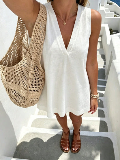 Pariaura Minimalist White Linen Sleeveless V-Neck Dress/ Relaxed A-Line Skirt/ Korean Soft Style/ Daily Commute Short Dress
