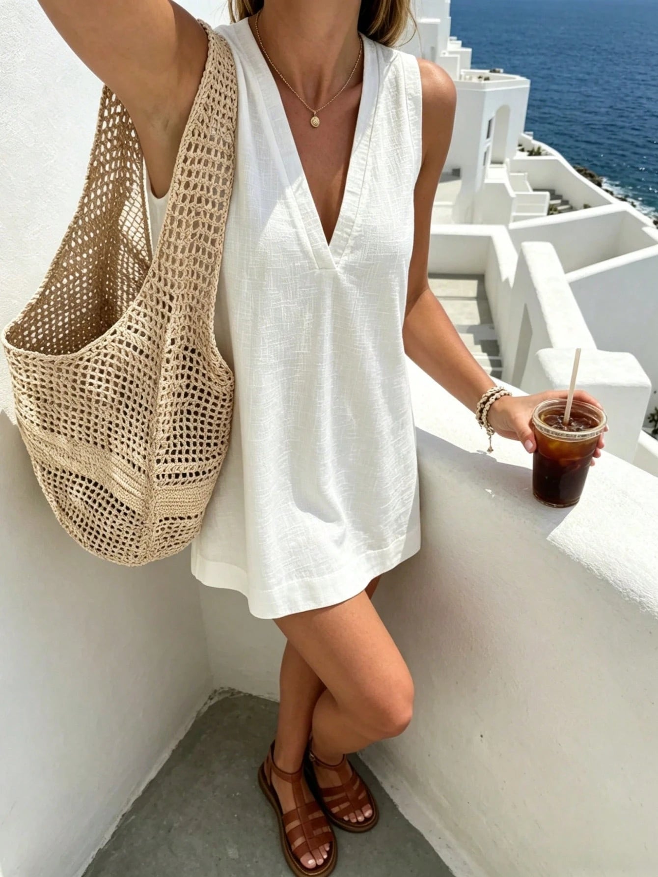 Pariaura Minimalist White Linen Sleeveless V-Neck Dress/ Relaxed A-Line Skirt/ Korean Soft Style/ Daily Commute Short Dress