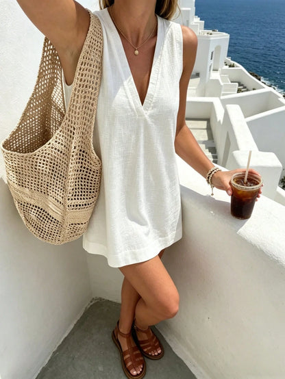 Pariaura Minimalist White Linen Sleeveless V-Neck Dress/ Relaxed A-Line Skirt/ Korean Soft Style/ Daily Commute Short Dress