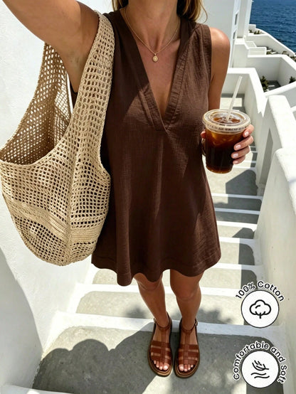 Pariaura Minimalist White Linen Sleeveless V-Neck Dress/ Relaxed A-Line Skirt/ Korean Soft Style/ Daily Commute Short Dress