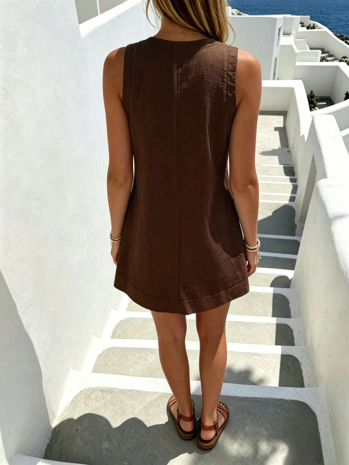 Pariaura Minimalist White Linen Sleeveless V-Neck Dress/ Relaxed A-Line Skirt/ Korean Soft Style/ Daily Commute Short Dress